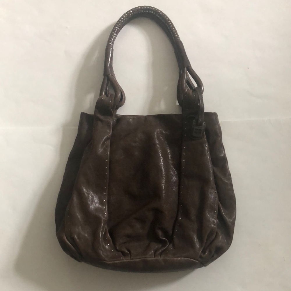Boss Bag Purse Tote Brown Leather Metal Studs Pleated Interior Pockets Zipper